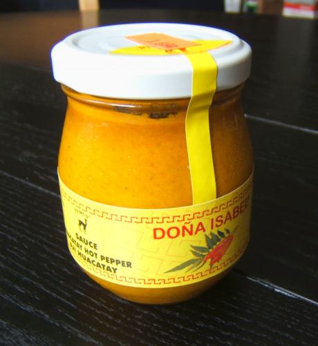 Peruvian-made sauce of aji (yellow pepper) with huacatay (black mint).